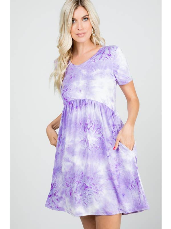 LILAC WHITE SD1195-22 TIE DYE BABY DOLL DRESS WITH SIDE POCKET for wholesale on Faire