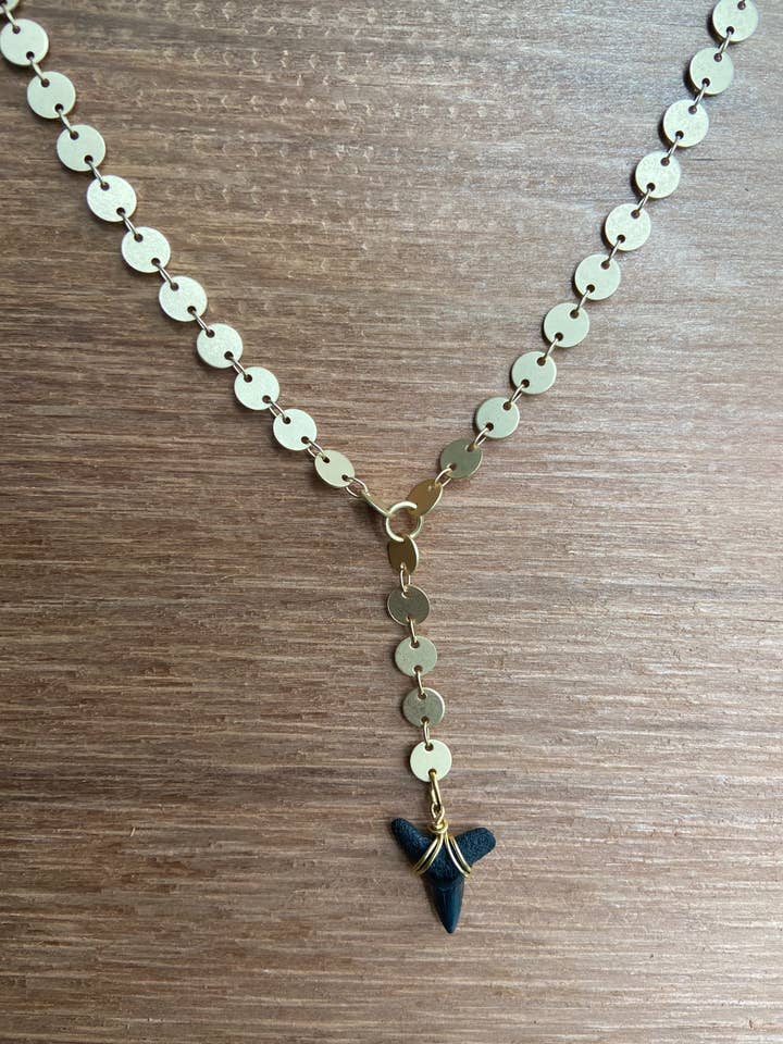 Gold Sequin Lariat Black Shark Tooth Necklace for wholesale by Bella Mack Jewelry