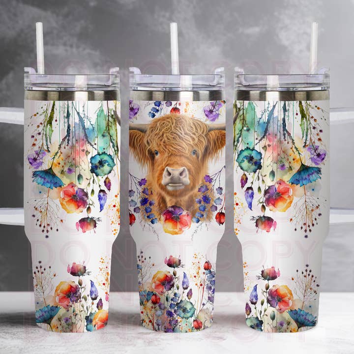 Bicchiere Highland Cow and Wildflowers da 40 once per la vendita all'ingrosso da parte di GrapeVineWholesale