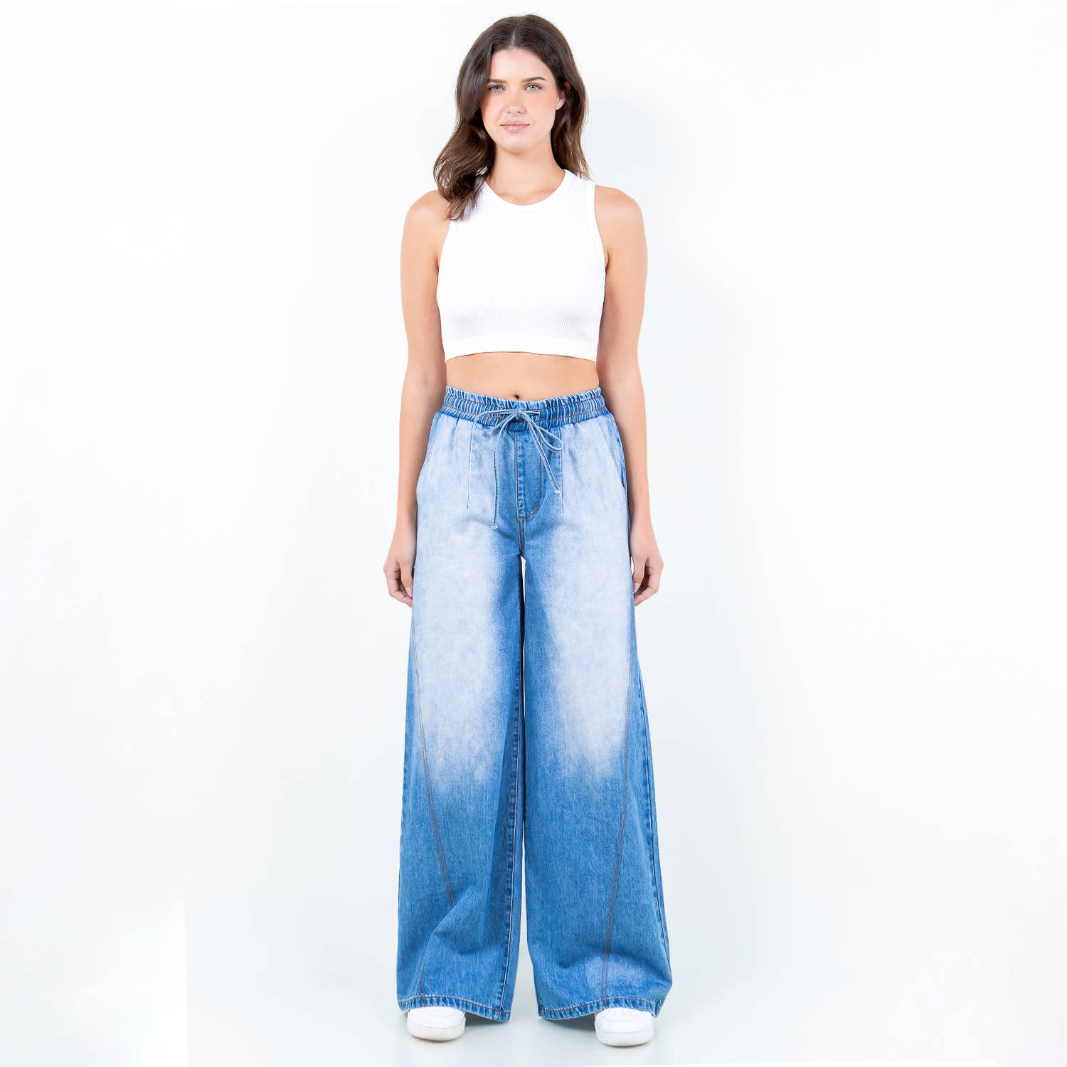 American Bazi – calças de ganga - Mulher por atacado – Calças Jeans de Perna Larga com Cós Elástico - RJH59854