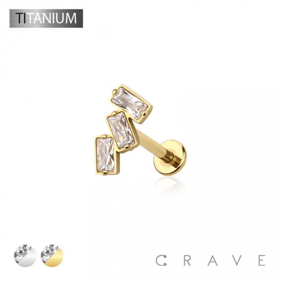 CRAVE - Wholesale Stud/Post Earrings - IMPLANT GRADE SOLID TITANIUM TRIPLE BAGUETTE LINE CZ PUSH IN5