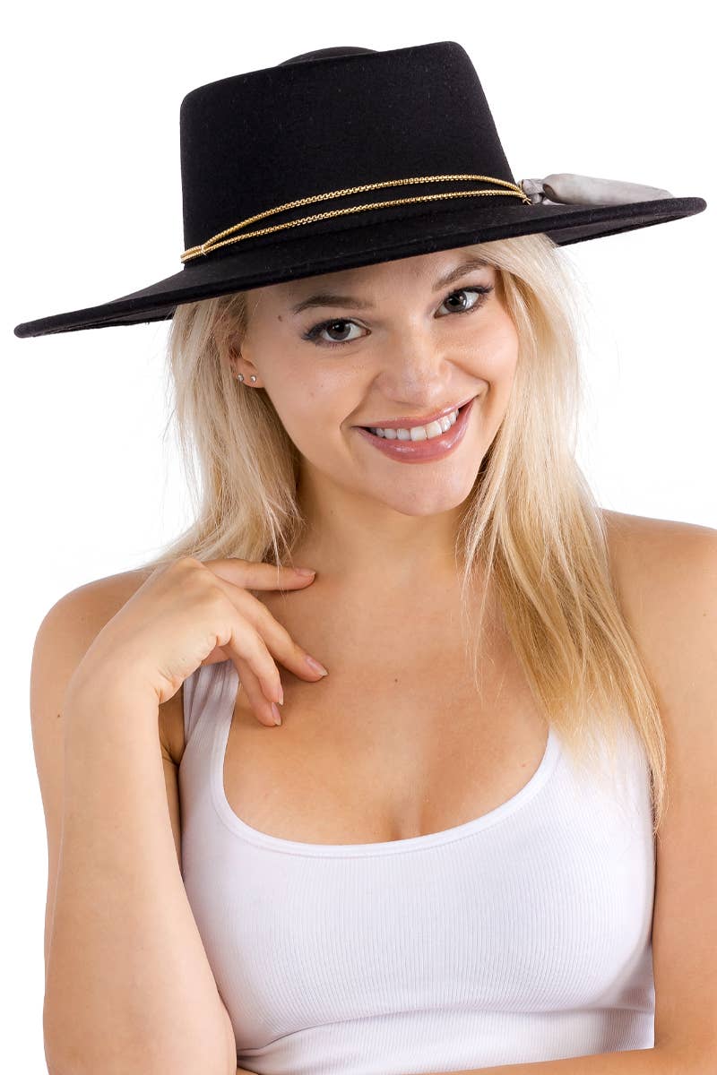 Cap Zone - Vendita all'ingrosso Fedora - Donna - Cappello rancher bolero in lana sintetica con nastro piccolo, catena oro e tesa larga9