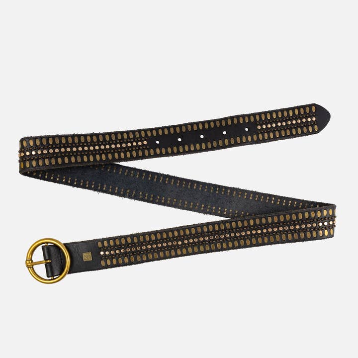 Amsterdam Heritage Leather Belts, Bags, Jackets & Apparel - Wholesale Belt - Women's - Soraya | Gold Circle Buckle Studded Leather Belt Women