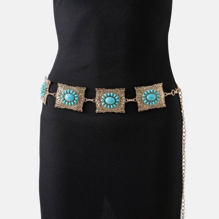 Ornate Western Turquoise Cluster Square Concho Chain Belt for wholesale by Collections by Fame Accessories