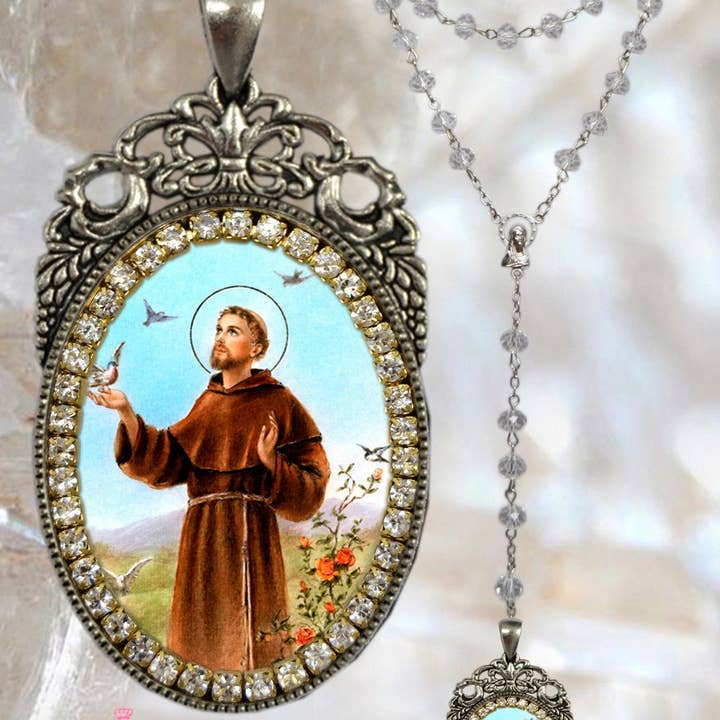 MariaSantissimaShop – Engroshandel Halskæde med vedhæng – Francis of Assisi Rosenkrans - Patron Saint of Animals - Håndlavede katolske kristne religiøse smykker medalje vedhæng