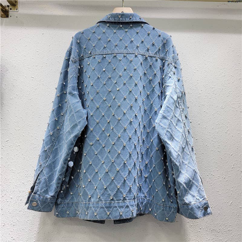 bleu Veste en jean chic avec sequins en motif diamant en vente sur Faire1