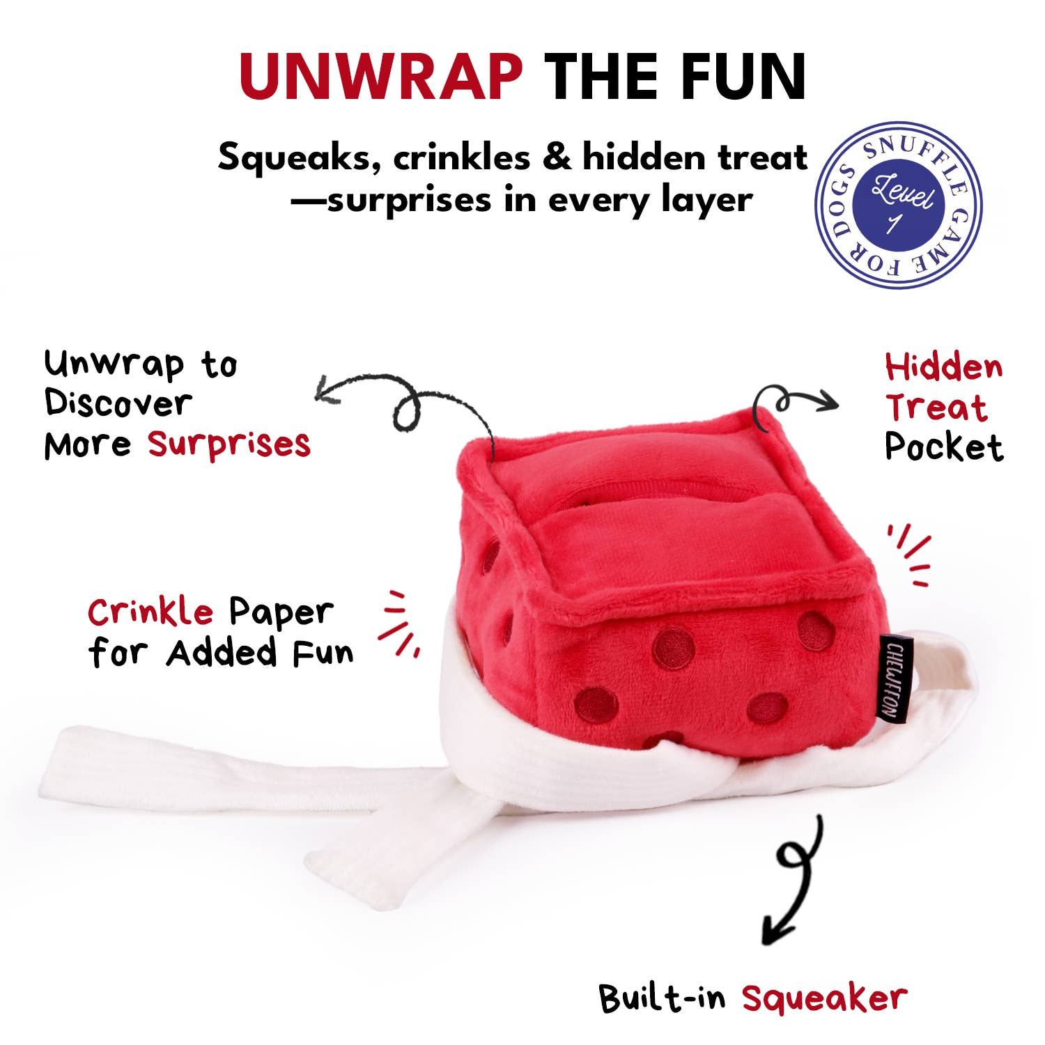 CHEWFFON – wholesale Pet toy – Dog – CHEWFFON Gift Box Dog Toy Crinkle, Squeak & Treat Puzzle2