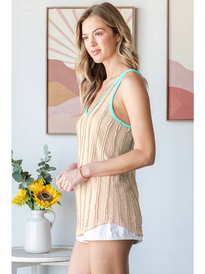 7th Ray - Venta al por mayor Túnica - Mujer - Top de Tirantes con Textura Arrugada y Contraste de Color Cuello Redondo T59387