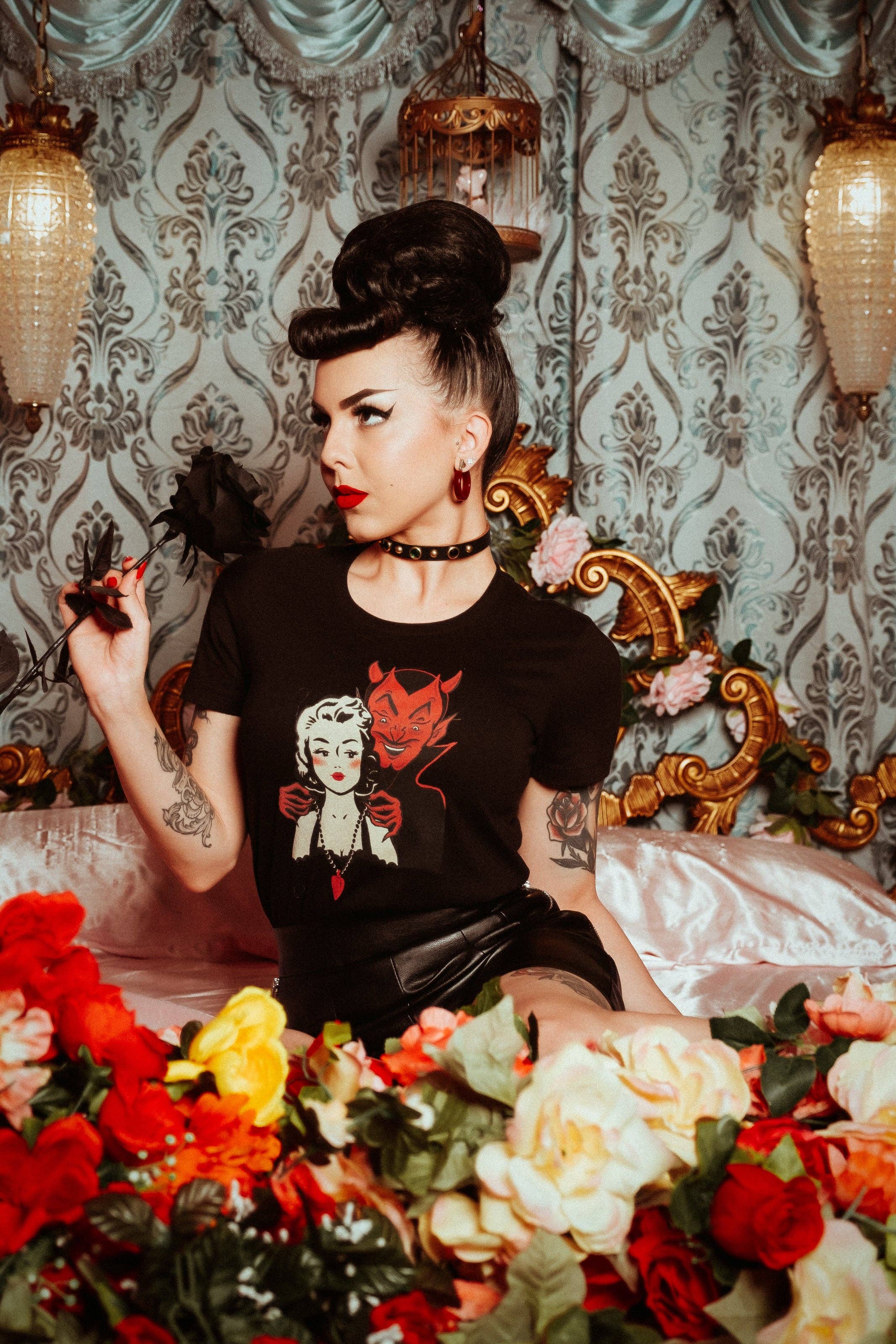 Mischief Made - Wholesale Screen Printed T-Shirt - Women's - Deal with the Devil Fitted Tee in Black1