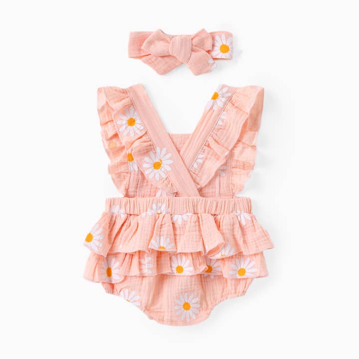 PatPat - Wholesale Bodysuit (Non-Footed) - Baby - 100% Cotton 2pcs Daisy Print Crepe Fabric Baby Romper Set