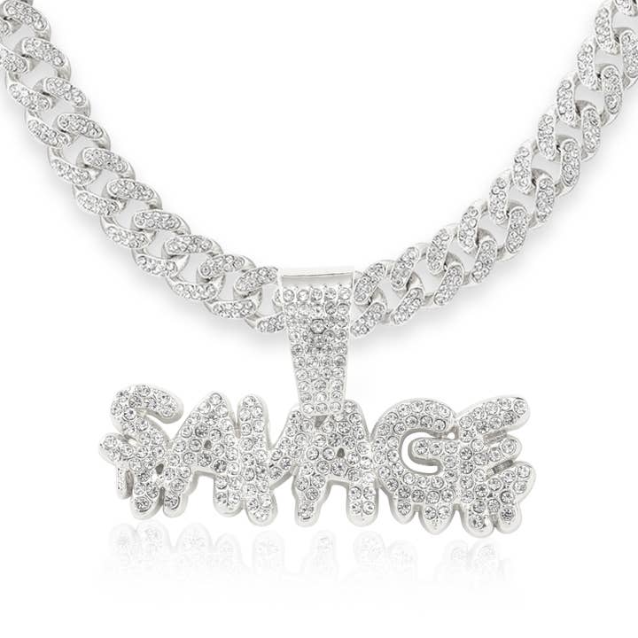 EMESLY - Wholesale Link & Chain Necklace - Miami Cuban Link Chain Pendant Necklace (SAVAGE Pendant; 13mm, Silver)