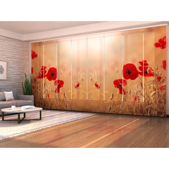 Set med 8 röda vallmogardiner i gyllene vetefält - för wholesale av IlyDecor