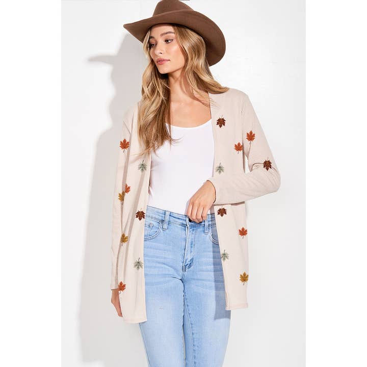 fall leaves print print knit long sleeve cardigan for wholesale by Phil Love