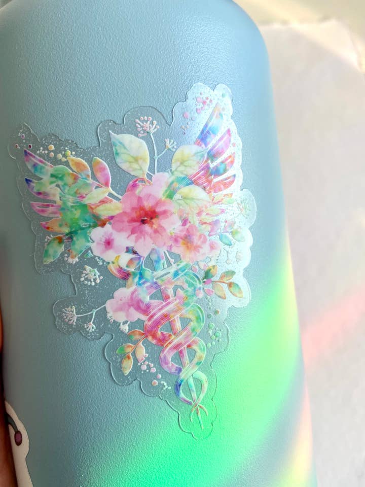 CLEAR Floral Watercolor Healthcare Symbol Sticker for wholesale by Mel's Crafty Corner