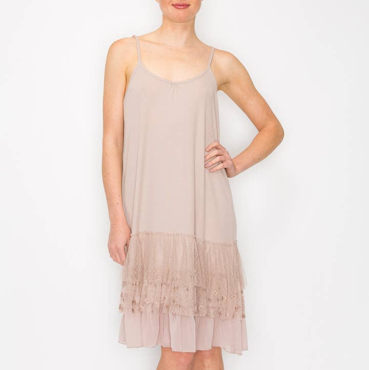 Layered Lace Hem Slip Dress / Extender-4672 TAUPE for wholesale by Origami Apparel ~ Lace and Crochet inspired