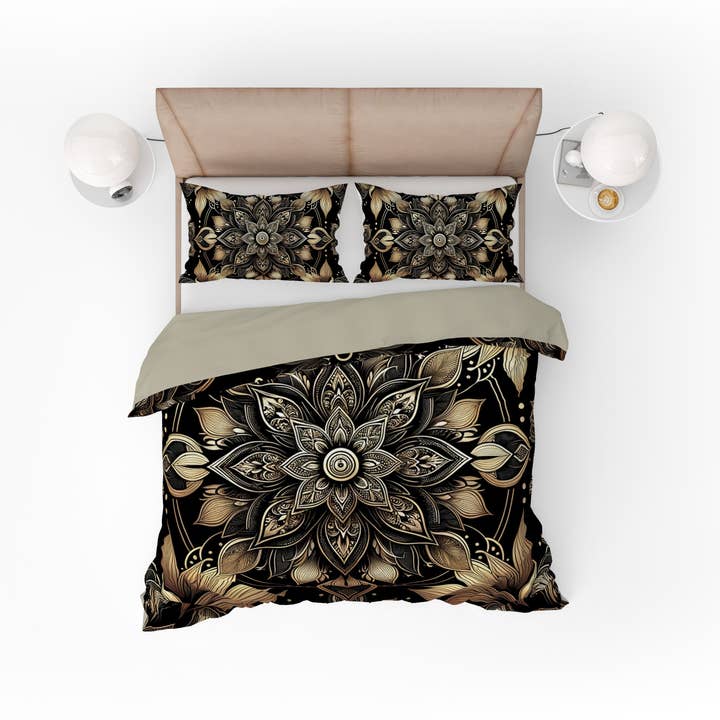 Luksuriøst guld Lotus Mandala vendbart dynebetræk dynebetræk sæt for engroshandel hos Adore India