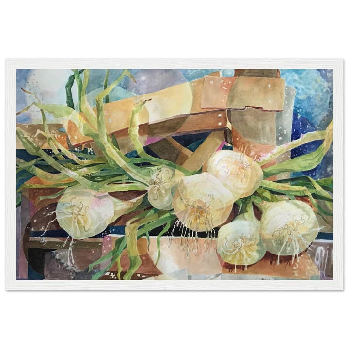 Barbara Cleary Designs – wholesale Konsttryck – "Onions" Stilleben Akvarell | 12x18 Träramad Konsttryck | Originalkonst av amerikanska konstnären Barbara Cleary