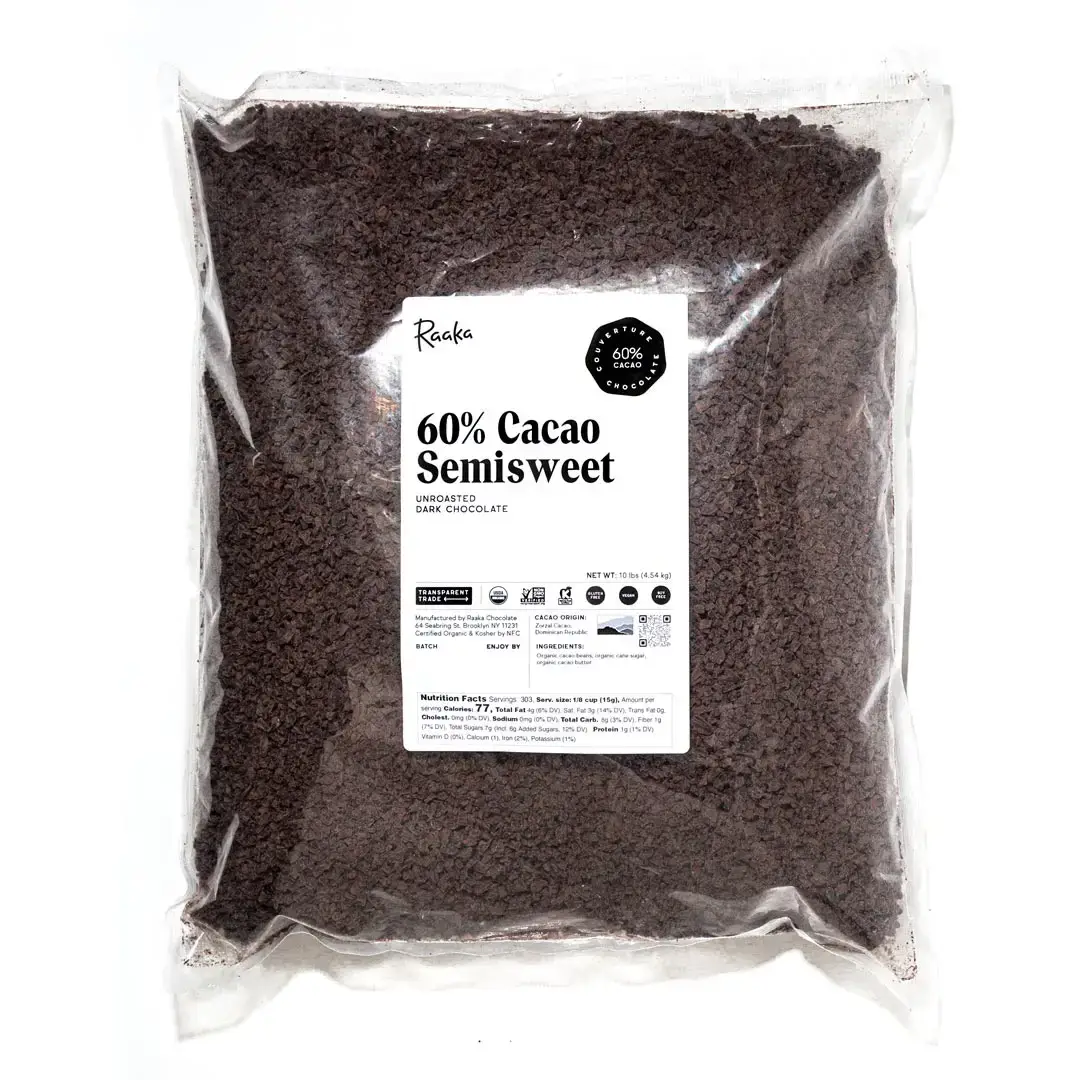 Raaka Chocolate – wholesale Chocolate – 60% Cacao - Semisweet Couverture - PASTILLES (10lb bag)1