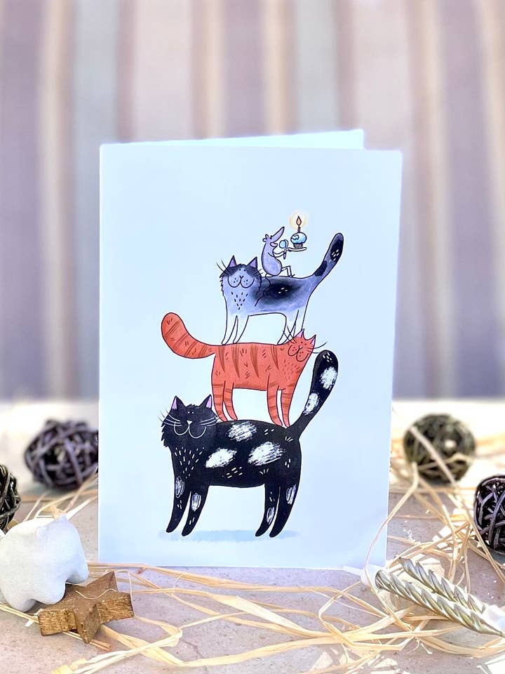 Cat on cat and mouse: Greeting card for wholesale by Dariia Dziuba