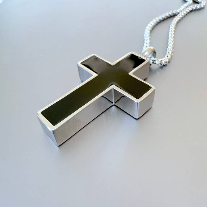 Men's Black Cross Pendant with Chain, 32mm for wholesale by PAXPARIS
