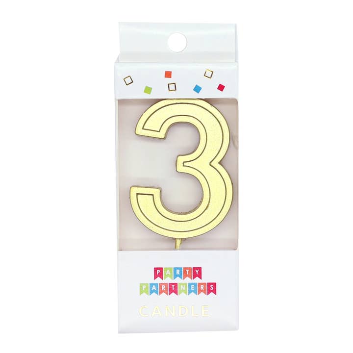 Party Partners - Wholesale Cake Candle - 3 Gold Metallic Decal Number Candle