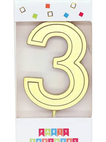 3 Gold Metallic Decal Number Candle for wholesale by Party Partners