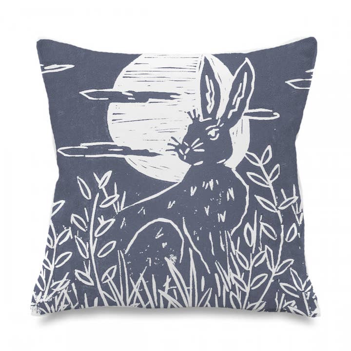 Hare & Moon Lino Print Cushion for wholesale by Holly Woodman Textiles
