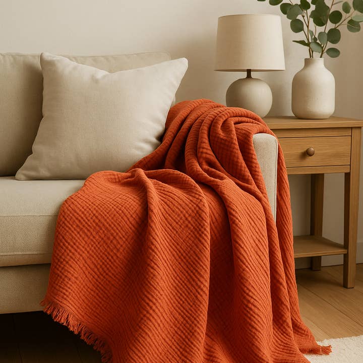 Mama and Tochter - Wholesale Throw Blanket - Organic Cotton Musli 4 Layer Throw Blanket - Terracotta