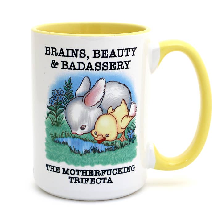 Lenny Mud - Wholesale Coffee Mug - Brains, Beauty, Badassery, 15 oz Bunny and Duck mug