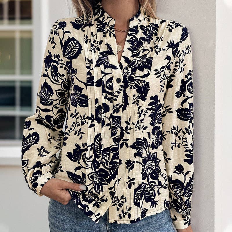 Navy blue Vintage Printed Shirt Small Stand-up Collar for wholesale on Faire4