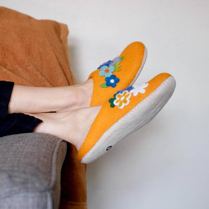 Fuzzy cove - Wholesale Slippers - Women's - Floral Organic Merino Wool Slippers | Eco-Friendly Flower Design, Rubber or Leather Sole, Cozy Comfort Luxury Women Gift, Felt Flowers
