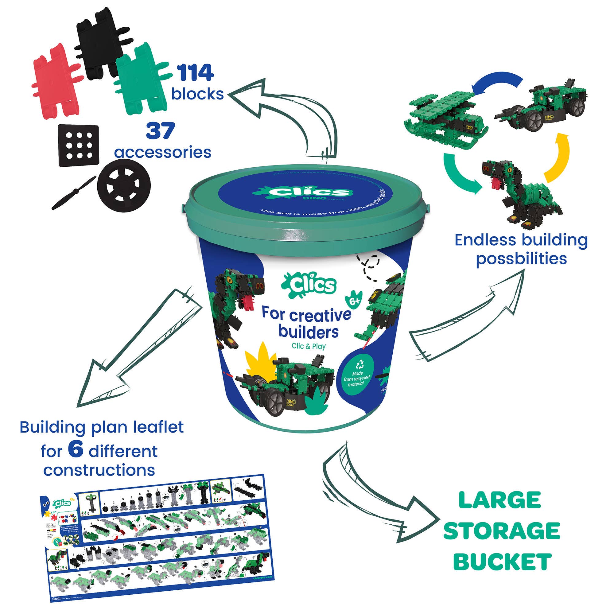 CLICS NV – Großhandel Baukasten – Kinder – Clics Bucket 6 in 1 Dino - hergestellt aus recyceltem Material2