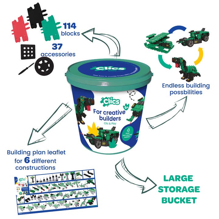 CLICS NV – Großhandel Baukasten – Kinder – Clics Bucket 6 in 1 Dino - hergestellt aus recyceltem Material2