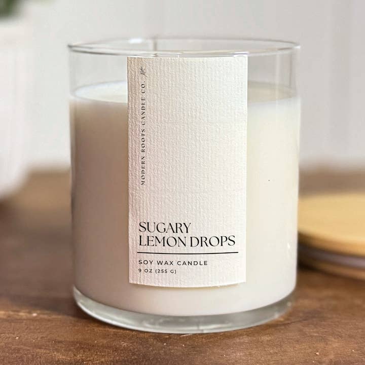 Zitronenbonbons | 9 oz. Klarglas-Sojakerze für den Großhandel von Modern Roots Candle Co.