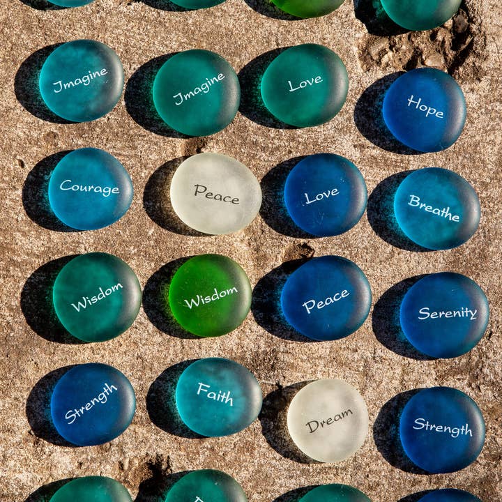 SHOPGIVECOURAGE - Wholesale Spiritual Stone/Crystal - Sea Stones -Imprinted Glass Word Stones (30) in Bowl Display