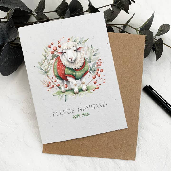 Funny fleece navidad sheep plantable wildflower seed card for wholesale by Wild Bloom Press