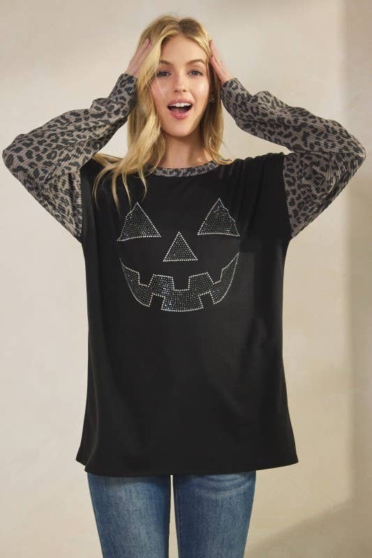 Sunday Morning - Wholesale Tunic - Women's - T0677HE12-Rhinestone Pumpkin Animal Contrast Top8