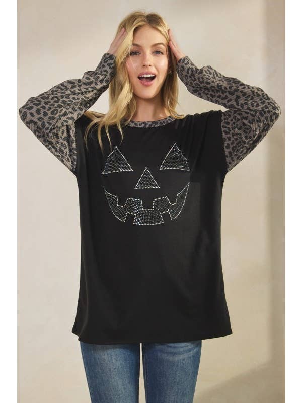 Sunday Morning - Wholesale Tunic - Women's - T0677HE12-Rhinestone Pumpkin Animal Contrast Top8