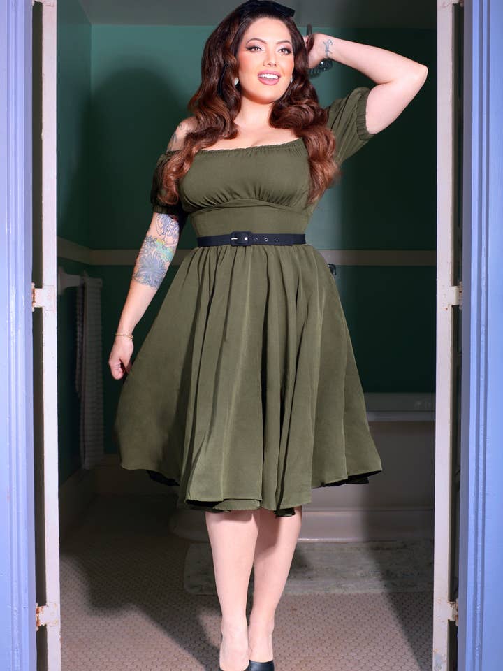 Marie-Thérèse Peasant Dress with Short Sleeves in Olive Poly Crepe | Pinup Couture for wholesale by Pinup Couture