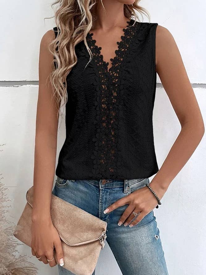 UNISHE - Wholesale Blouse - Women's - V Neck Jacquard Eyelet Tank Top AXR0370