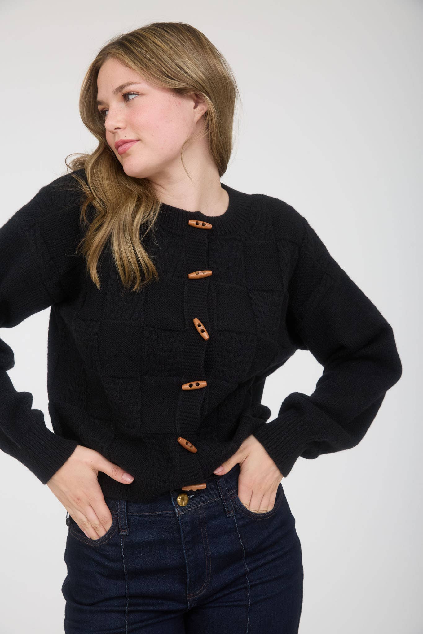 Blu Pepper - Wholesale Knit Sweater - Women's - CHECKERED TOGGLE BUTTON DOWN KNIT CARDIGAN15