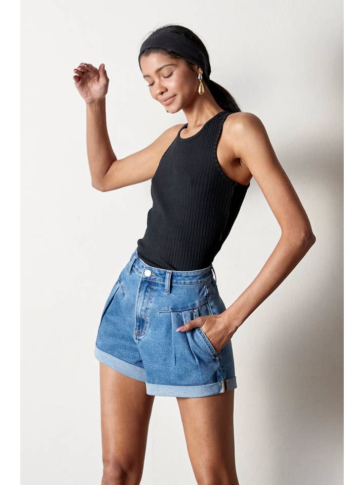 Insane Gene USA - Vendita all'ingrosso Pantaloncini - Donna - Shorts di jeans roll-up elasticizzati a vita alta