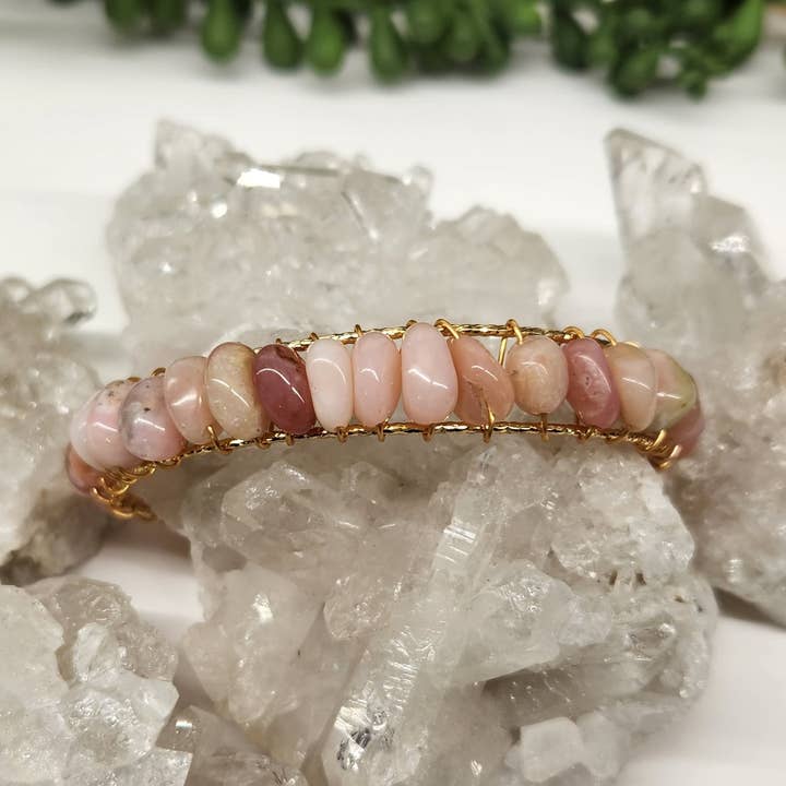 Meraki Gemstones - Wholesale Cuff Bracelet - Pink Opal Bangle/Cuff/Wire Wrapped-18kt. Gold Overlay3