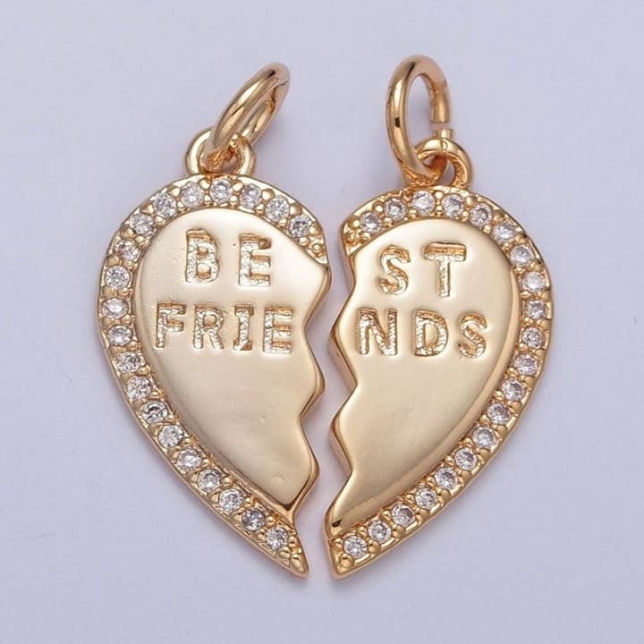 16K Gold Filled Best Friends Micro Paved Cubic Zirconia Breakable Heart Charm Set For Jewelry Making | X-228 for wholesale by Aim Eternal