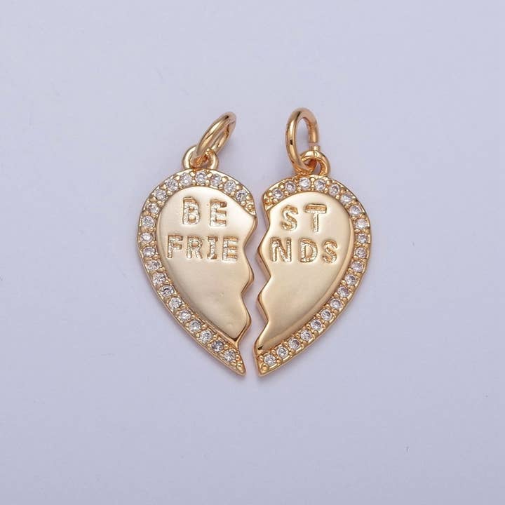 16K Gold Filled Best Friends Micro Paved Cubic Zirconia Breakable Heart Charm Set For Jewelry Making | X-228 for wholesale by Aim Eternal