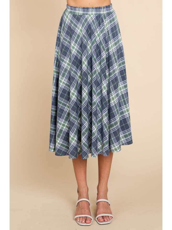 Denimblå/salvie ETS-423-PL Plus størrelse plaid T/R Span Midi nederdel for engroshandel på Faire1