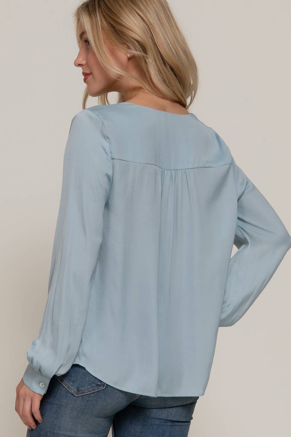 Active Basic | Active USA - Wholesale Blouse - Women's - Long Sleeve V-Neck with Pleats Satin Blouse2