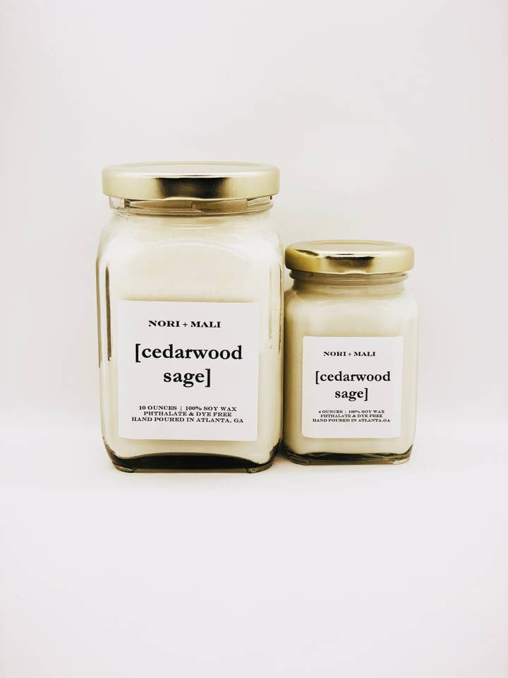 N+M Cedarwood Sage Soy Candle for wholesale by Nori + Mali Candle Co.