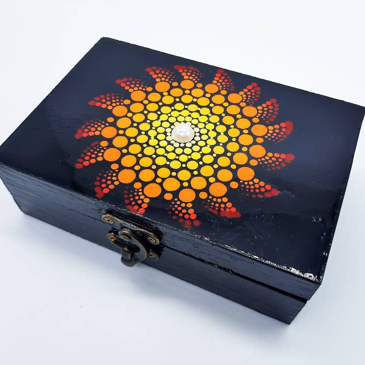 Handpainted Sunburst Dot Mandala Keepsake Box for wholesale by Slightly Askew Art