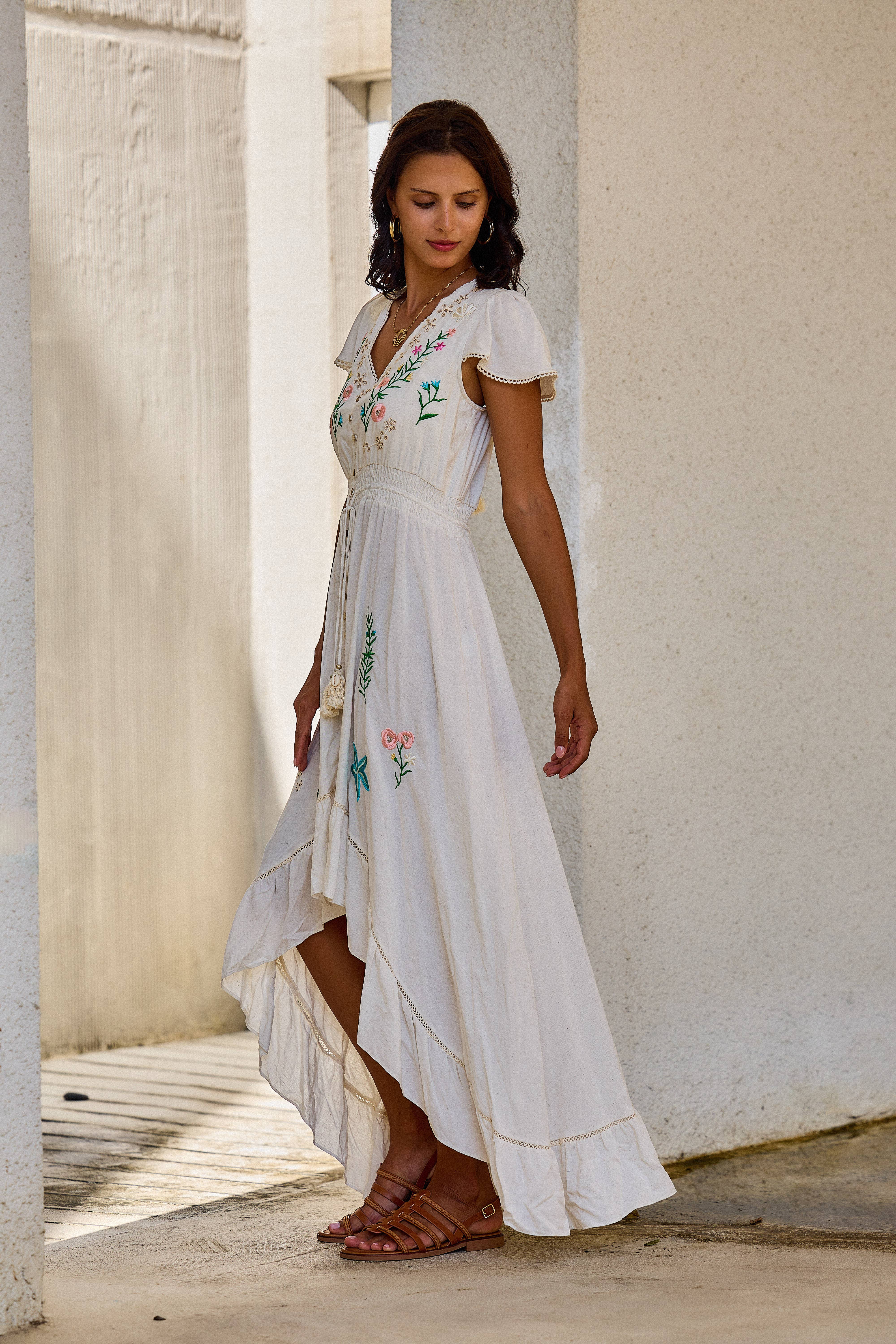White Asymmetrical long dress with floral embroidery, v-neck for wholesale on Faire4
